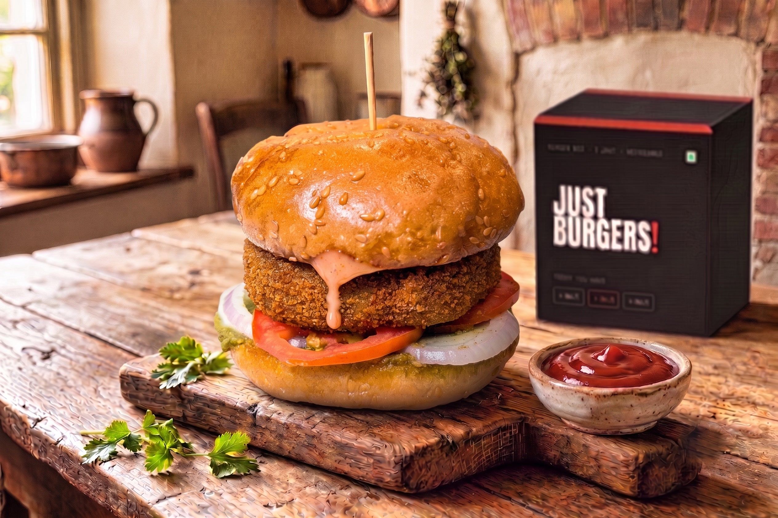The No.1 Aloo Tikki burger on a wooden board — a golden potato tikki with pink sauce, tomato and onion in a sesame bun, with ketchup on the side.