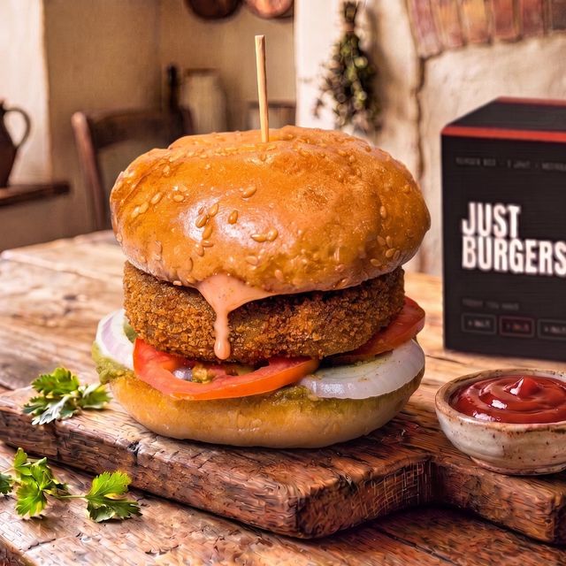 The No.1 Aloo Tikki burger on a wooden board — a golden potato tikki with pink sauce, tomato and onion in a sesame bun, with ketchup on the side.