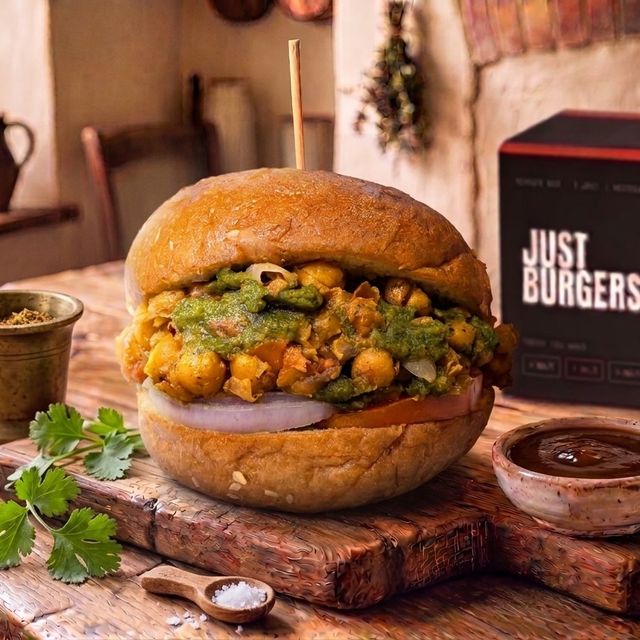 The No.3 Cholle burger on a wooden board — spiced chickpeas topped with green mint chutney, onion and tomato in a soft bun, tamarind chutney beside it.