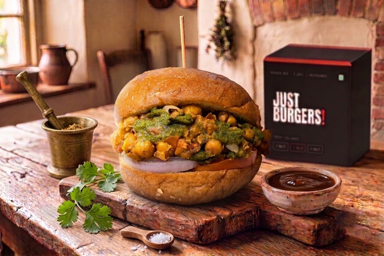 The No.3 Cholle burger on a wooden board — spiced chickpeas topped with green mint chutney, onion and tomato in a soft bun, tamarind chutney beside it.