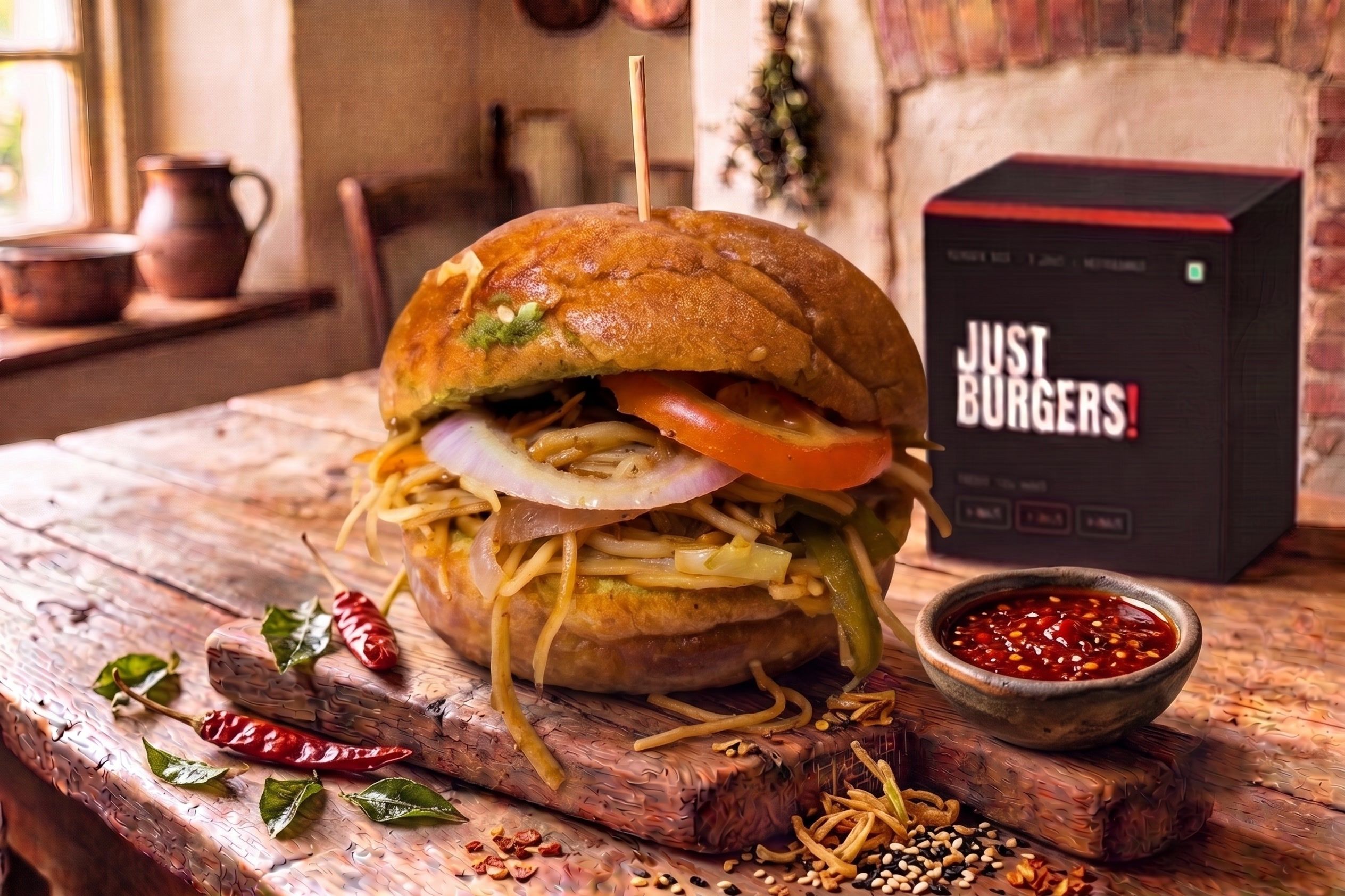 The No.4 Chowmein burger on a wooden board — a toasted bun stuffed with wok-tossed noodles, capsicum, tomato and onion, red chilli sauce beside it.