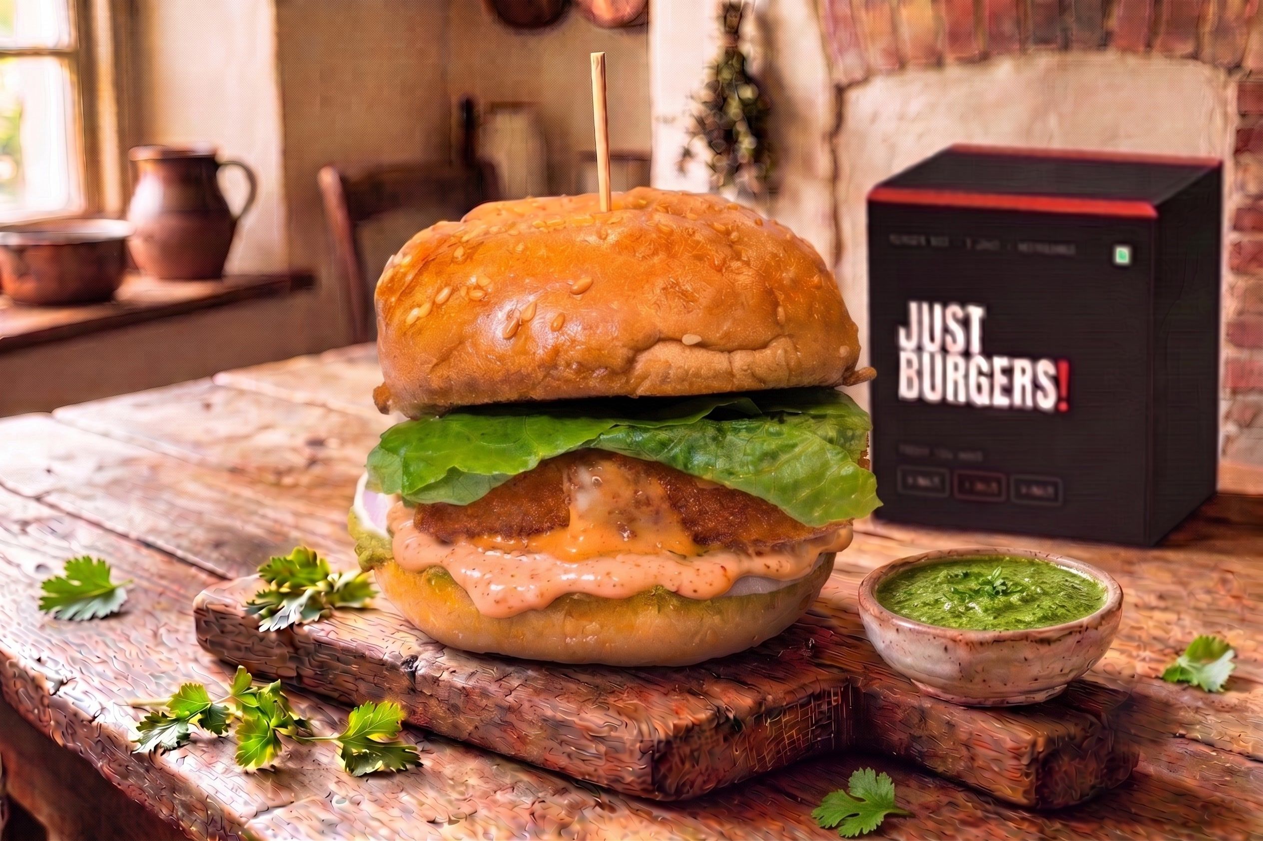 The No.2 Paneer burger on a wooden board — a crumb-fried paneer slab with lettuce and orange spiced mayo in a sesame bun, green chutney beside it.